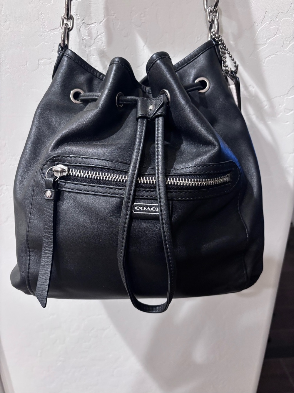 COACH Black Leather Drawstring Bucket Shoulder Bag